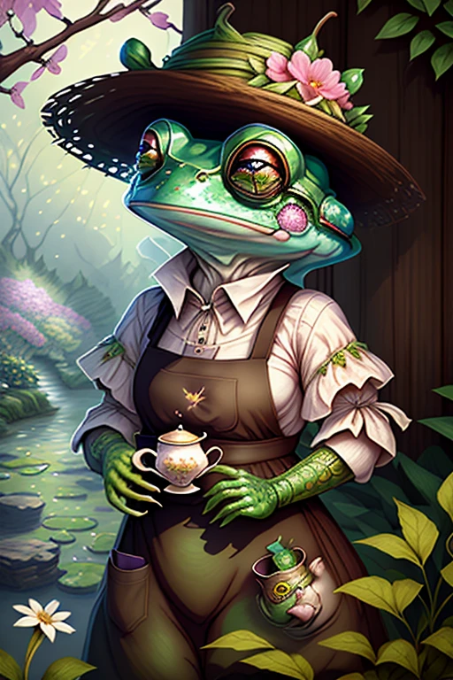 fantchar, an adorable frog creature wearing a brown apron and a flowery hat and drinking tea in a lush garden, humanoid, artistic, intricate, Very detailed