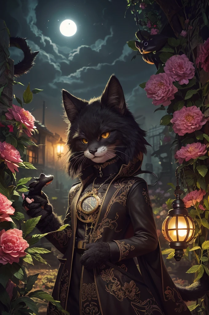 (Cover page, Highest quality, High resolution, Super detailed)silhouette(kemono, Furry Personification)Have a striking pocket watch, Surrounded by flowers, Snakes and Darkness, Example rendering, Intricate details, Mysterious atmosphere, Vibrant colors, Dynamic Lighting , Gothic style,