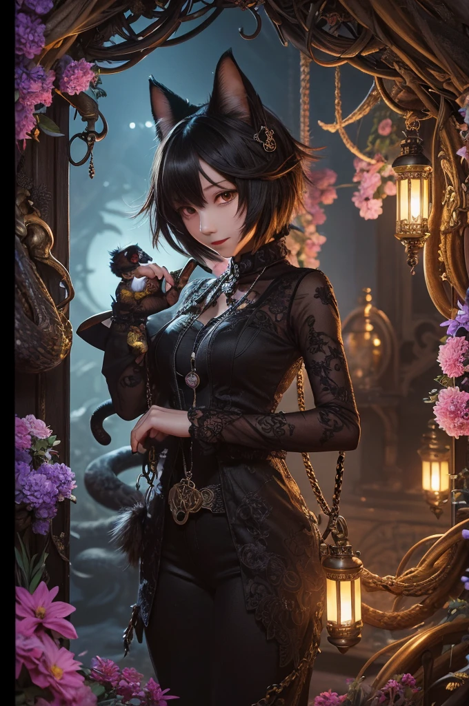 (Cover page, Highest quality, High resolution, Super detailed)silhouette(kemono, Furry Personification)Have a striking pocket watch, Surrounded by flowers, Snakes and Darkness, Example rendering, Intricate details, Mysterious atmosphere, Vibrant colors, Dynamic Lighting , Gothic style,