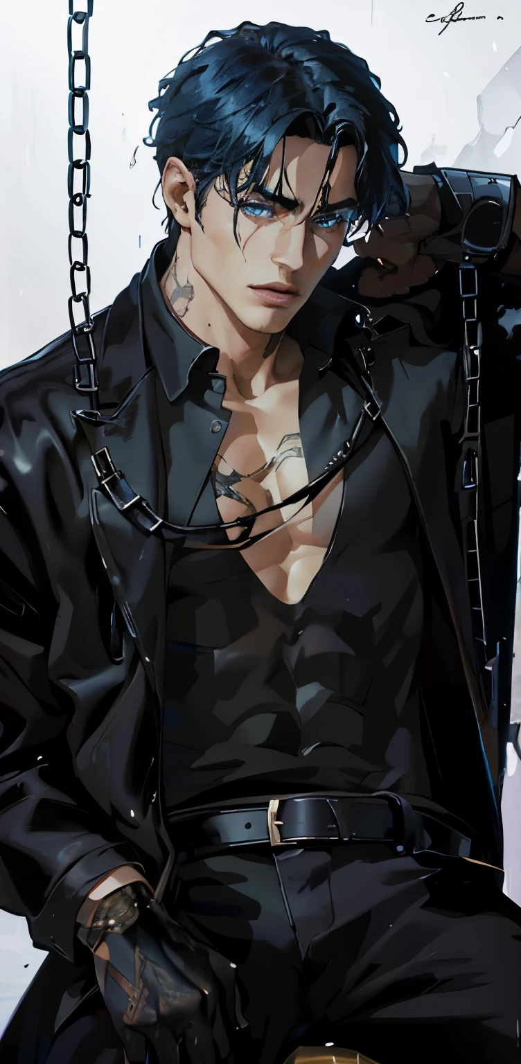 8K, complex, elegant, Highly detailed, majestic, digital photography, surreal painting, defeat magic, Sinuous Lightning, (masterpiece, Side light, fine and beautiful eyes: 1.2), HDR, (bright blue eyes)), Naked upper body, (bright tattoo), handsome boy, cana, musculature, black skin, demon horn, Raining, handsome, in front of camera, masterpiece
