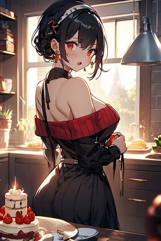 masterpiece, yor, 1girl, Amazing Cleavage:1.3, thin waist, big ass, Raised sexy, medium breast: 1.8 posed cleavage:1.2、solo, looking at viewer, open mouth, have a cup of coffee,black hair, red eyes, dress, bare shoulders, jewelry, collarbone, sidelocks, hairband, earrings, indoors, off shoulder, :o, sweater, arms behind back, plant, short hair with long locks, white hairband, off-shoulder dress, sweater dress, off-shoulder sweater, red sweater, big side hair, very long side hair,is rendered in (masterpiece: 1.2, best quality), with (ultra high resolution) and an exquisite (depth of field). This masterpiece is not only visually stunning but also tells, make of cake cooking ,in the kitchen 