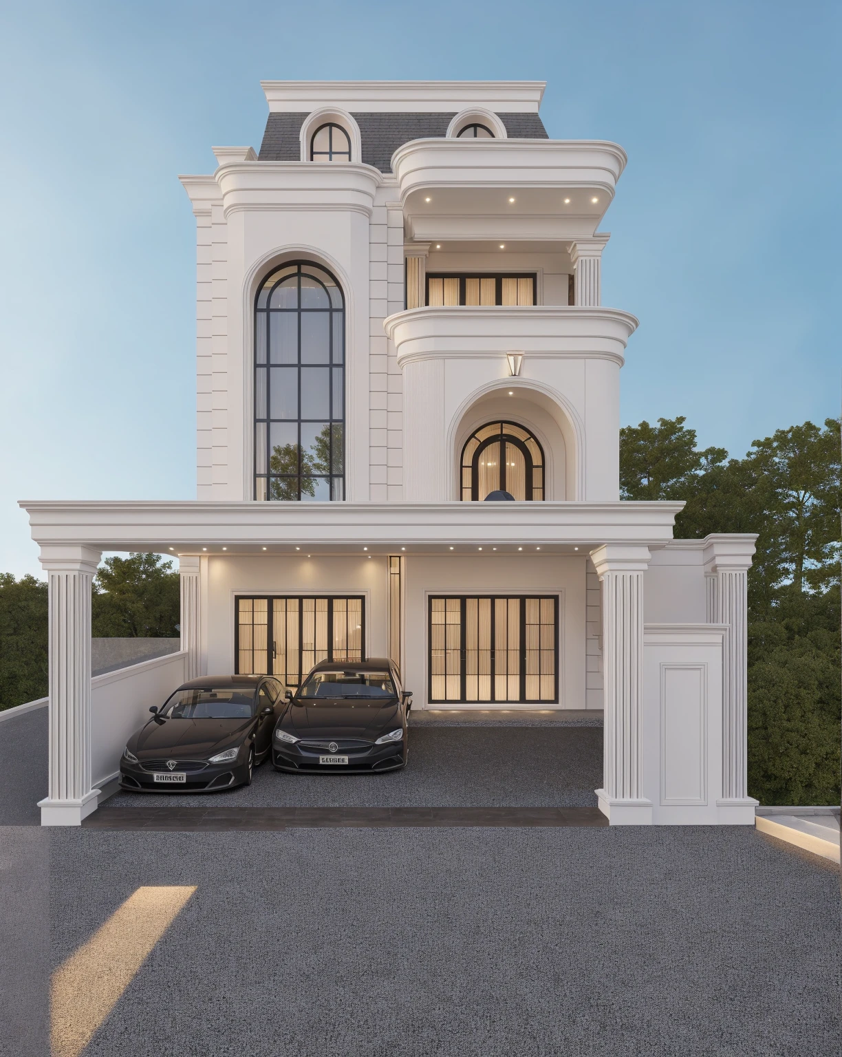 PLATFORM KTHOUSE, 1 morden villa, slope roof, main material of villa about Concrete Effect wall:1.4 and, and stone:1.2,  many white collum:1.4, 1large yard, 1 road runs in front of the house, (RAW photo, real, best quality, masterpiece:1.2), look morden minimalist, 1 road in front of the house, dynamic lighting:1.3, (hyper realistic, photo-realistic:1.2), high quality, (dark lighting:1.2), perfect lighting, archdaily, no human, light at 12 noon, light in door:1.2