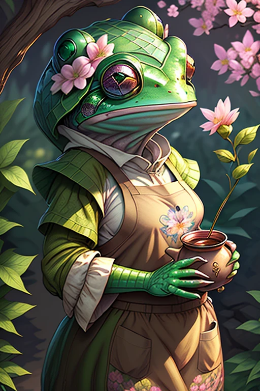 fantchar, an adorable frog creature wearing a brown apron and a flowery hat and drinking tea in a lush garden, humanoid, artistic, intricate, Very detailed