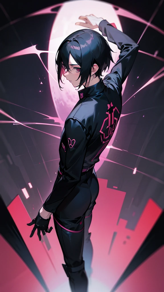 timochal2023, 1 men, in doubt, Bblack hair, o Matrix, anime clothes, Nerd,fully body, brawny, whole black outfit, no back ground