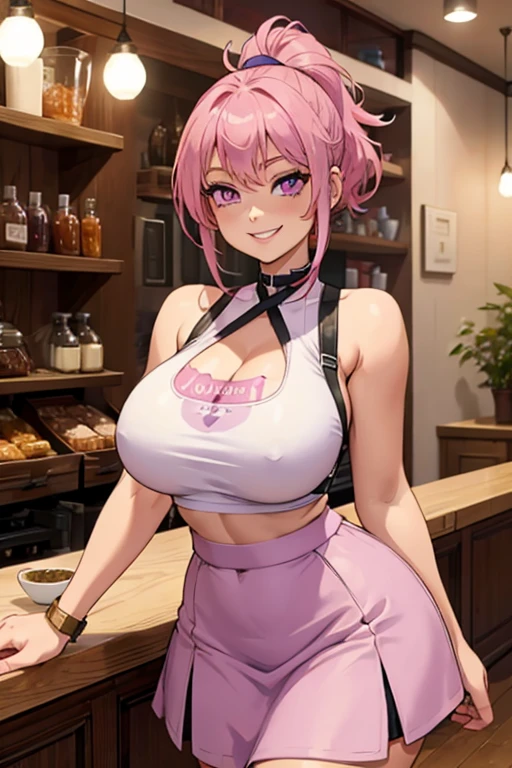 A pink haired with a violet eyes with an hourglass figure in a crop top and short skirt is drinking tea in a coffee shop with a big smile and her hair in a ponytail