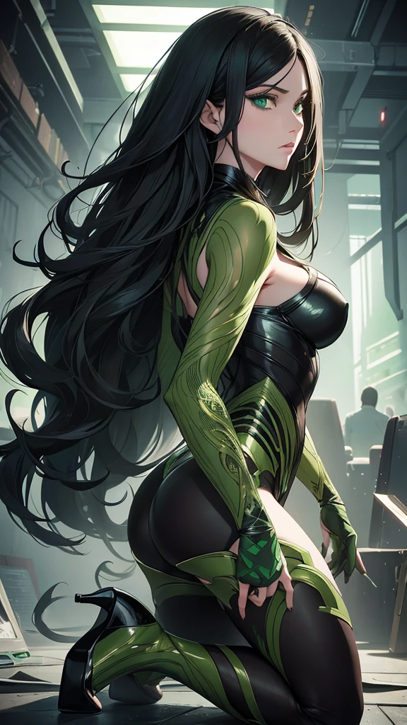 masterpiece, highest quality, (solo focus), (perfect face:1.1), (full body), (high detail:1.1), (hyper-detailed eyes), dramatic, a woman with pale skin and long voluminous dark green-black hair, green eyes, solo, long hair, arrogant expression, cybernetic, heels, art by artgerm, cinematic lighting, fashion, BalenciagaStyle