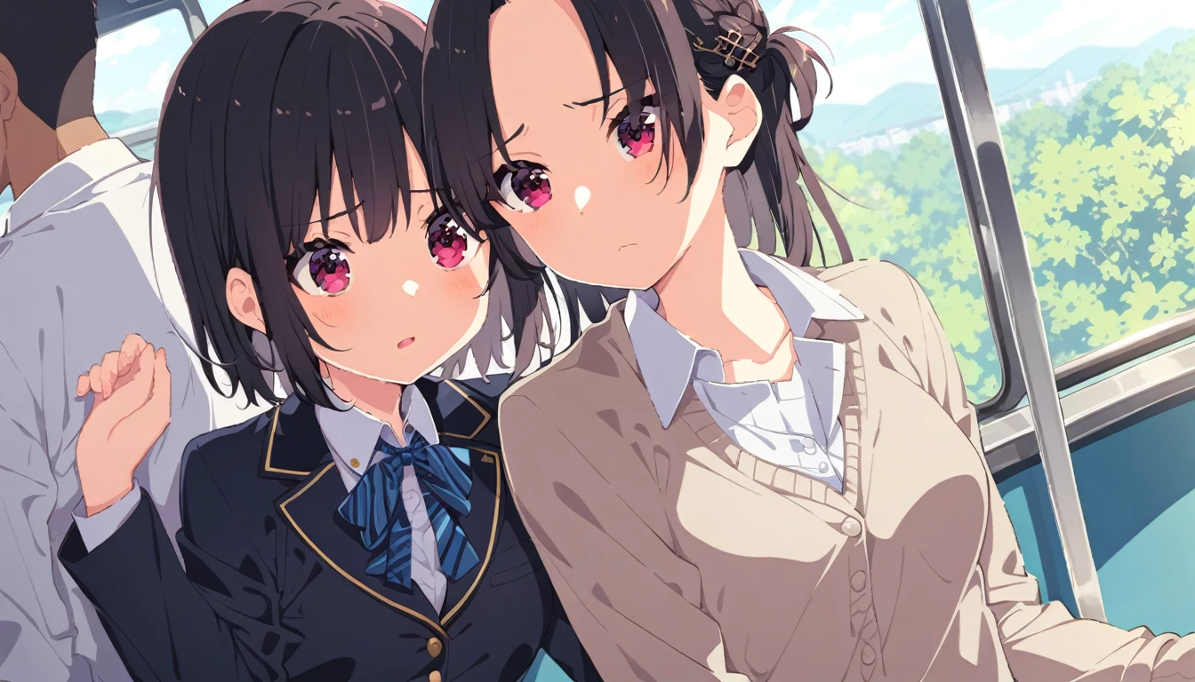 A middle-aged man is touching the buttocks of a crying girl with black bob hair and a blazer uniform who is holding on to the handrail of a train