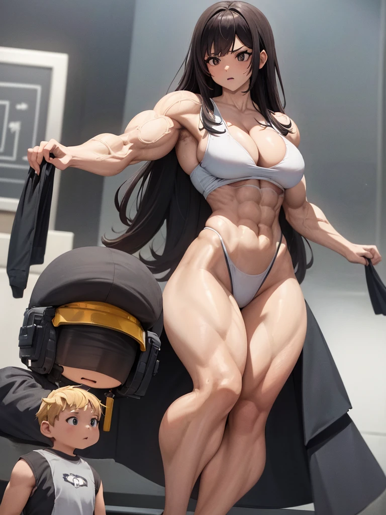 Woman in black bikini and small man in white shirt, weak and small man, thin and small physique, Very beauthful. , ,weak and defenseless man, small physique, , muscular ultraviolent woman, muscular and scary, absurdly huge physique, big muscles, extremely muscular woman,