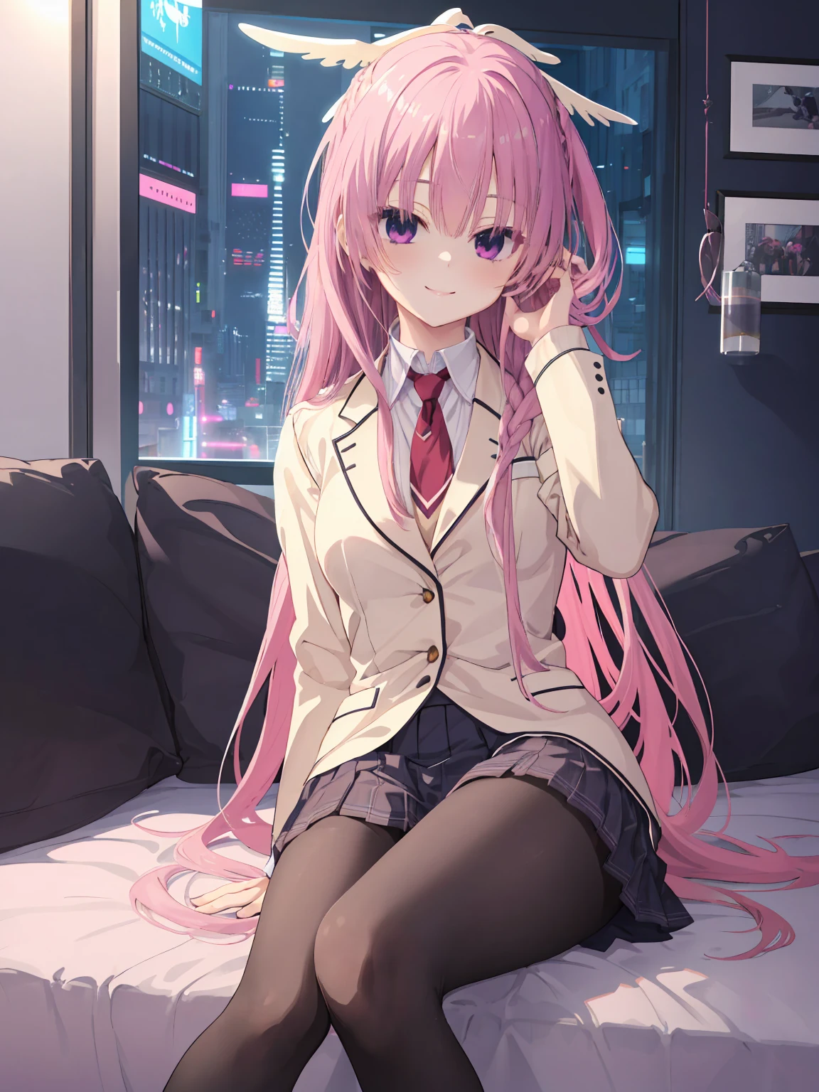 A girl，solo，Pink long hair，happy，Smile，Medium long hair，Dissemination，kikka academy uniform, pantyhose, highres, absurdres，Black underwear,City background，Cyberpunk, Anime style 4k, Sitting on the sofa，indoors，In the bedroom，mitsukasa ayase、Character-centered