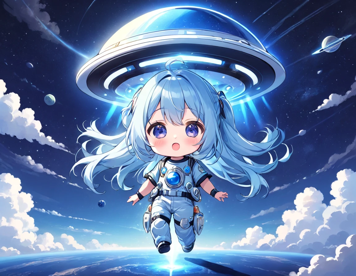 Light blue long hair、Twin-tailed Chibi Character、T-shirt and jeans、Dark Eyes、Scary face、A large unidentified flying object (UFO) is flying、Spaceman、A shining light from the UFO、blue sky、White cloud、Spacemanが現れた