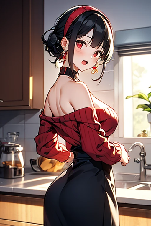 masterpiece, yor, 1girl, Amazing Cleavage:1.3, thin waist, big ass, Raised sexy, medium breast: 1.8 posed cleavage:1.2、solo, looking at viewer, open mouth, have a cup of coffee,black hair, red eyes, dress, bare shoulders, jewelry, collarbone, sidelocks, hairband, earrings, indoors, off shoulder, :o, sweater, arms behind back, plant, short hair with long locks, white hairband, off-shoulder dress, sweater dress, off-shoulder sweater, red sweater, big side hair, very long side hair,is rendered in (masterpiece: 1.2, best quality), with (ultra high resolution) and an exquisite (depth of field). This masterpiece is not only visually stunning but also tells, make of cake cooking ,in the kitchen 