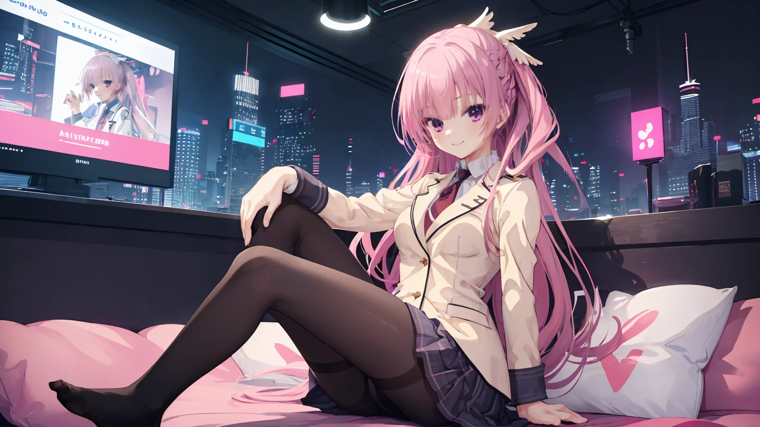 A girl，solo，Pink long hair，happy，Smile，Medium long hair，Dissemination，kikka academy uniform, pantyhose, highres, absurdres，Black underwear,City background，Cyberpunk, Anime style 4k, Sitting on the sofa，indoors，In the bedroom，mitsukasa ayase、Character-centered