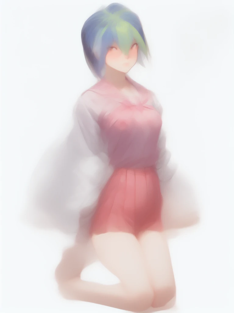 1 girl, glossy lips, glossy body, short hair, red lipstick, blue hair, golden hair, two-tone hair, red eyeshadow, spiked hair, blazer uniform, flared skirt, pink blush, sparkling eyes, high school girl, glossy hair, tall, beautiful legs, sailor uniform, blouse, shorts