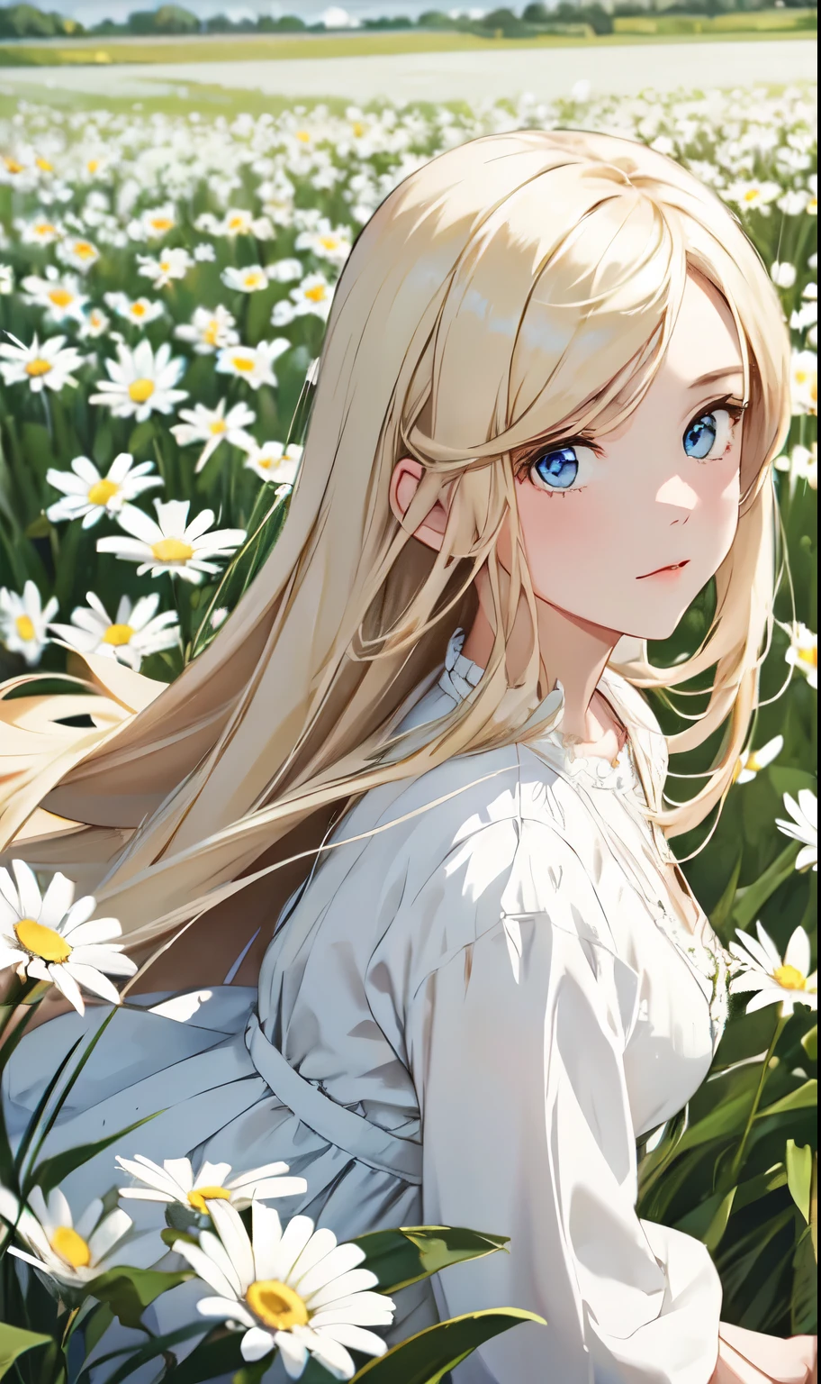 1girl,in a field of flowers,white flower,looking at viewer,blue eyes,blonde hair,daisy,long hair,pure white dress,