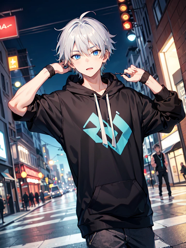 1boy,city,Volcom hoodie,tied hair,beautiful Silver hair,beautiful blue eyes,inner Blue,using piercing, eighth-grader syndrome