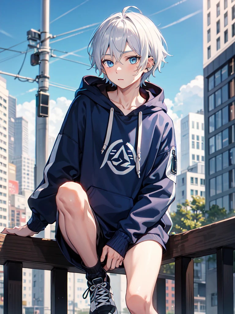 1boy,city,Volcom hoodie,tied hair,beautiful Silver hair,beautiful blue eyes,inner Blue,using piercing, eighth-grader syndrome