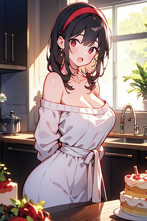 masterpiece, yor, 1girl, Amazing Cleavage:1.3, thin waist, big ass, Raised sexy, medium breast: 1.8 posed cleavage:1.2、solo, looking at viewer, open mouth, have a cup of coffee,black hair, red eyes, dress, bare shoulders, jewelry, collarbone, sidelocks, hairband, earrings, indoors, off shoulder, :o, sweater, arms behind back, plant, short hair with long locks, white hairband, off-shoulder dress, sweater dress, off-shoulder sweater, red sweater, big side hair, very long side hair,is rendered in (masterpiece: 1.2, best quality), with (ultra high resolution) and an exquisite (depth of field). This masterpiece is not only visually stunning but also tells, make of cake cooking ,in the kitchen 