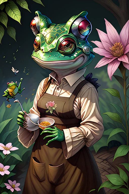 fantchar, an adorable frog creature wearing a brown apron and flowers in her hair and drinking tea in a lush garden, humanoid, artistic, intricate, Very detailed