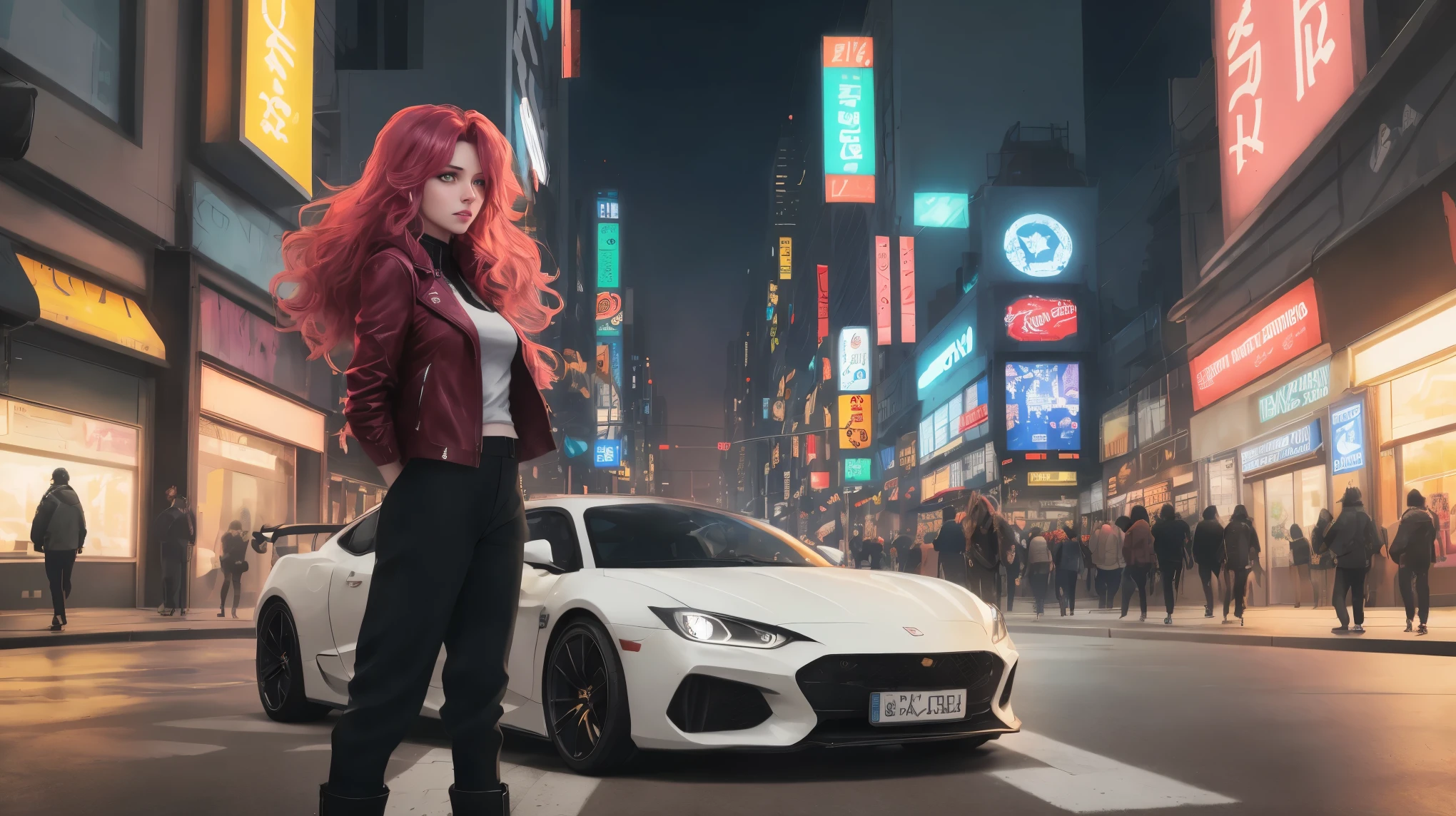 "A vibrant anime-style scene featuring a girl with flowing hair standing next to a sleek, red sports car. She wears a stylish outfit with a leather jacket and boots, exuding confidence. The car gleams under the bright city lights, reflecting the colorful neon signs and bustling street life around them. The background showcases a dynamic urban environment with towering skyscrapers and a lively atmosphere, capturing the essence of adventure and freedom."