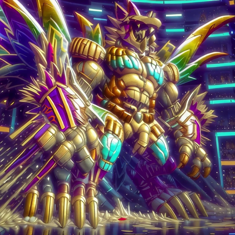 (masterpiece. official art. 8k. best quality. detailed full body. full body.)
(situation 1 : dominating The Phoenix Wolf. The Phoenix Wolf is over 1000 meters long. focus GIANT mechanical Muscular The Phoenix Wolf is trampling the car. Looking down.)
(situation 2 :smoke and flames rising from the destruction in the city)
(Additional details 1: Wearing GOLDEN Armor. Cape. Helmet. real texture material. whole body shines like metal. emphasizes the muscles. suit fully made of metal. Robotic suit. edgMecha, wearing edgMecha, mecha suit, robot suit)
(Additional details 1.5: The arms are golden. The lower half of the body is golden. The wolf-shaped helmet has sharp fangs. The whole body is golden. The wolf-shaped helmet. There is a wolf-shaped decoration on the back of the hand.)
(Additional details 2: Detailed head. Detailed Body. Detailed abs. gigantic muscles. HYPER MUSCLES. Gigachad Muscular. big muscle. pecs. triceps. traps. unusually developed muscular body. body full of huge muscles. showing off muscles. pectorales enormes. Exaggeratedly huge muscles. huge muscles. long legs.).
(Additional details 3: nj5furry, Spread wings. It has wings. The claws are sharp. Sharp teeth.). He is laughing defiantly. The claws are sharp. Sharp teeth.). He is laughing defiantly.
(Additional details 4: golden dick, golden cock, golden hyper penis. hyper black penis. big penis)
(Additional details 6 : Spraying hyper cum up everywhere into the sky from his erect penis. wide spray of cum, covered in cum, cum splashing in front of camera, crowd of naked muscular male spectators, bukkake, City is under a thick later of cum.)
