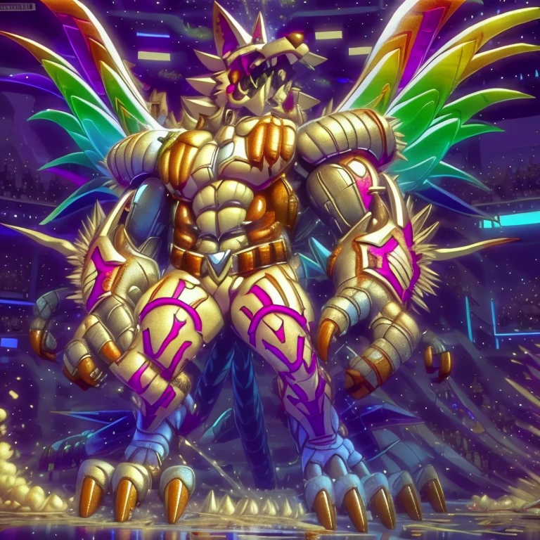(masterpiece. official art. 8k. best quality. detailed full body. full body.)

(situation 1 : dominating The Phoenix Wolf. The Phoenix Wolf is over 1000 meters long. focus GIANT mechanical Muscular The Phoenix Wolf is trampling the car. Looking down.)

(situation 2 :smoke and flames rising from the destruction in the city)

(Additional details 1: Wearing GOLDEN Armor. Cape. Helmet. real texture material. whole body shines like metal. emphasizes the muscles. suit fully made of metal. Robotic suit. edgMecha, wearing edgMecha, mecha suit, robot suit)

(Additional details 1.5: The arms are golden. The lower half of the body is golden. The wolf-shaped helmet has sharp fangs. The whole body is golden. The wolf-shaped helmet. There is a wolf-shaped decoration on the back of the hand.)

(Additional details 2: Detailed head. Detailed Body. Detailed abs. gigantic muscles. HYPER MUSCLES. Gigachad Muscular. big muscle. pecs. triceps. traps. unusually developed muscular body. body full of huge muscles. showing off muscles. pectorales enormes. Exaggeratedly huge muscles. huge muscles. long legs.).

(Additional details 3: nj5furry, Spread wings. It has wings. The claws are sharp. Sharp teeth.). He is laughing defiantly. The claws are sharp. Sharp teeth.). He is laughing defiantly. 

(Additional details 4: golden dick, golden cock, golden hyper penis. hyper black penis. big penis)
(Additional details 6 : Spraying hyper cum up everywhere into the sky from his erect penis. wide spray of cum, covered in cum, cum splashing in front of camera, crowd of naked muscular male spectators, bukkake, City is under a thick later of cum.)