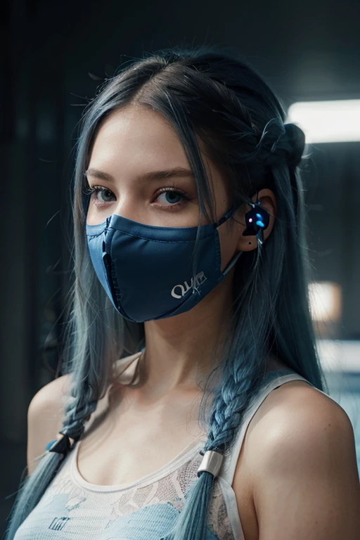 with long blue hair, blue colored eyes, futuristic vibes, mouth mask, earbuds, 8K, high qualiy, simple background, glare eyes, boa pose