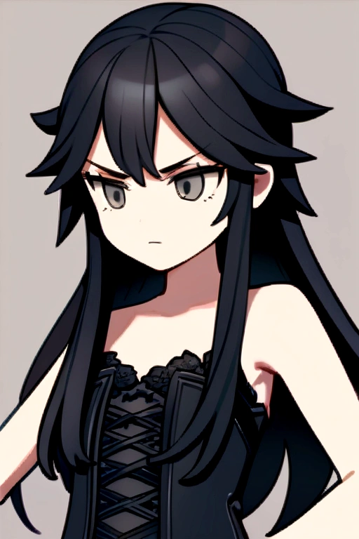 The character is a young woman with black hair., long and slightly tousled, with short locks in the front. His eyes are large and dark in color., with a serious expression. He wears a black tank top that fits his figure..About the shirt, She wears a kind of intricately designed corset with gray and black details.