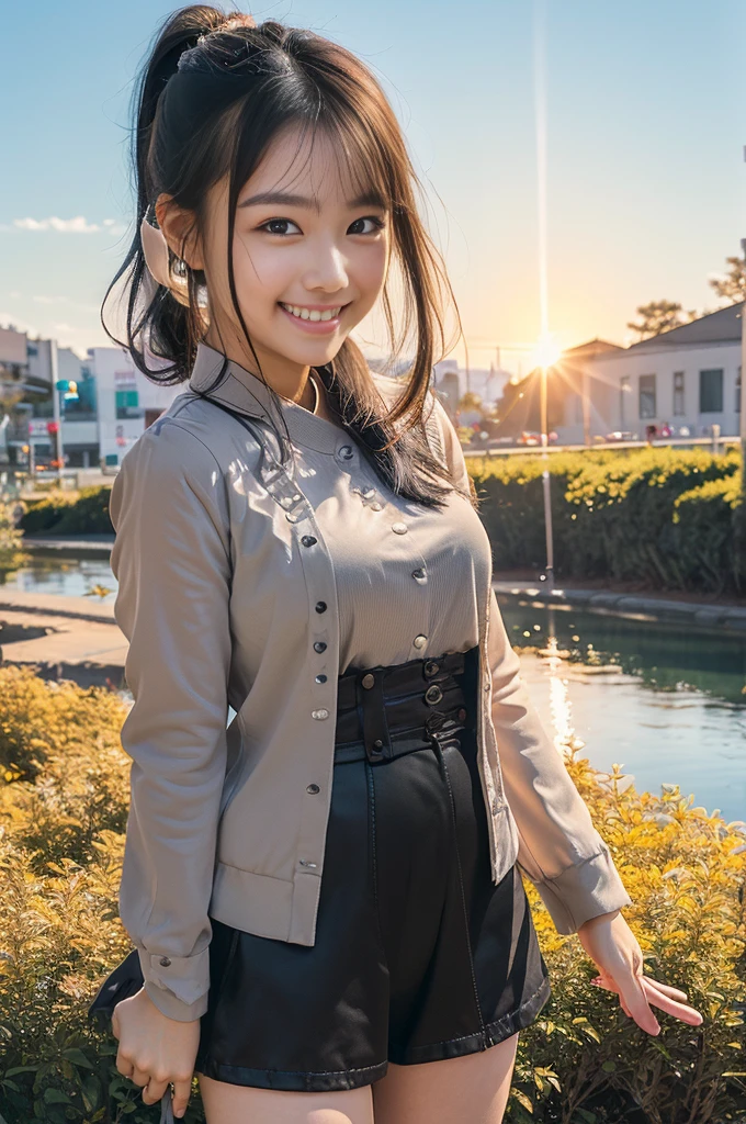 (8K、Raw photography、Highest quality、masterpiece:1.2),(Black Hair、Dark Eyes:1.9),(:1.6)、View your viewers,Front view,White skin,(ponytail:1.3)、(Tight waist:1.6)、(Clothes that accentuate the shape of the breasts:1.0)、(Big Breasts :1.3)、Slim figure、Ultra-high resolution,beautiful,beautiful fece,(One person、No background:1.9),whole bodyボディー,Japanese women,(reality的:1.37)、Photon Mapping,reality、(Baby-faced and cute: 1.4)、(Cute Smile: 1.8)、(Round face: 1.8)、Radio City、Physically Based Rendering、Depth of field rally background、photograph, (I can see your knees、Thigh close-up:1.8),(:1.6),whole body、Great quality