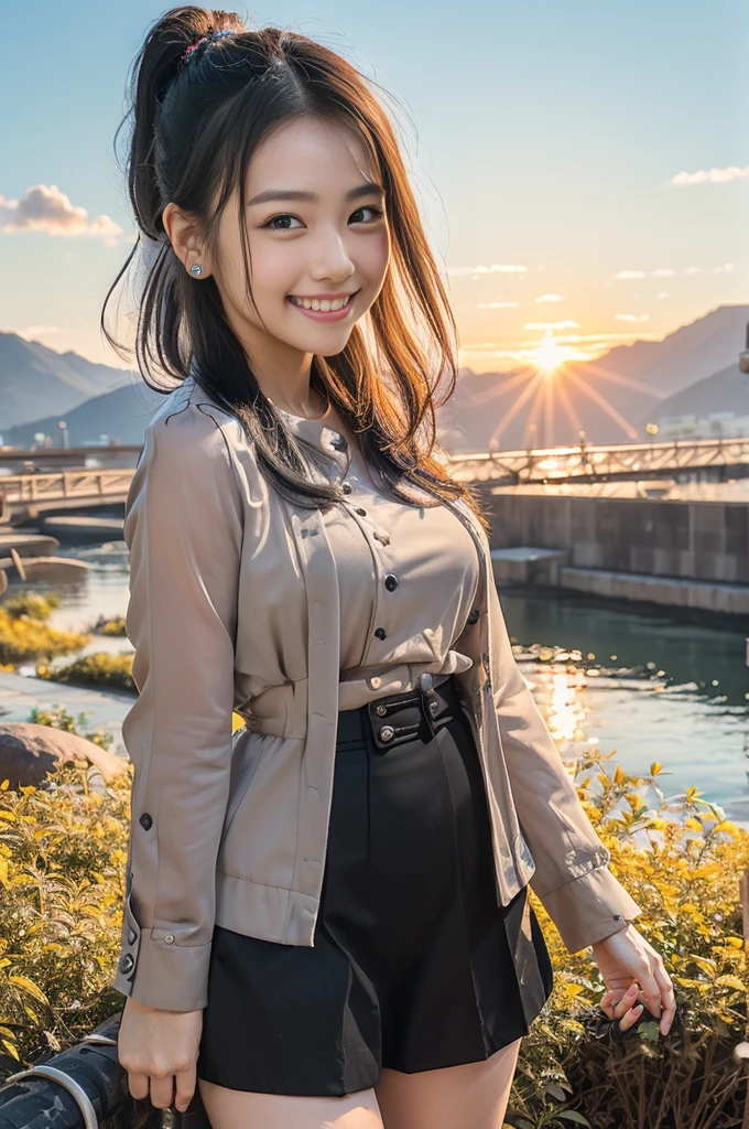 (8K、Raw photography、Highest quality、masterpiece:1.2),(Black Hair、Dark Eyes:1.9),(:1.6)、View your viewers,Front view,White skin,(ponytail:1.3)、(Tight waist:1.6)、(Clothes that accentuate the shape of the breasts:1.0)、(Big Breasts :1.3)、Slim figure、Ultra-high resolution,beautiful,beautiful fece,(One person、No background:1.9),whole bodyボディー,Japanese women,(reality的:1.37)、Photon Mapping,reality、(Baby-faced and cute: 1.4)、(Cute Smile: 1.8)、(Round face: 1.8)、Radio City、Physically Based Rendering、Depth of field rally background、photograph, (I can see your knees、Thigh close-up:1.8),(:1.6),whole body、Great quality