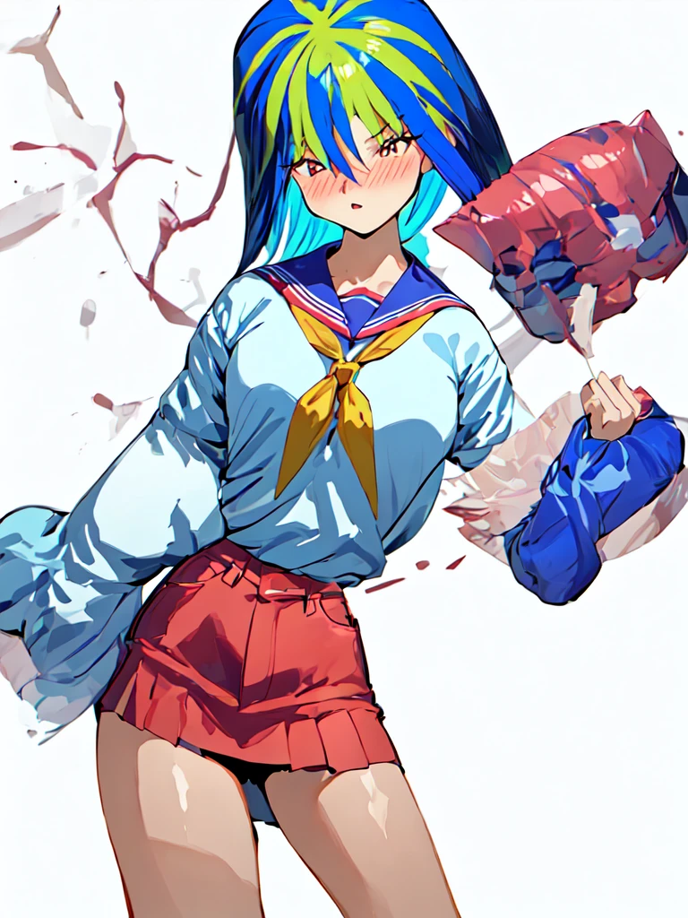 1 girl, glossy lips, glossy body, short hair, red lipstick, blue hair, golden hair, two-tone hair, red eyeshadow, spiked hair, blazer uniform, flared skirt, pink blush, sparkling eyes, high school girl, glossy hair, tall, beautiful legs, sailor uniform, blouse, shorts