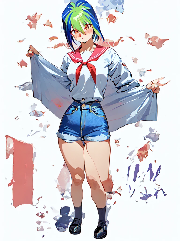 1 girl, glossy lips, glossy body, short hair, red lipstick, blue hair, golden hair, two-tone hair, red eyeshadow, spiked hair, blazer uniform, flared skirt, pink blush, sparkling eyes, high school girl, glossy hair, tall, beautiful legs, sailor uniform, blouse, shorts