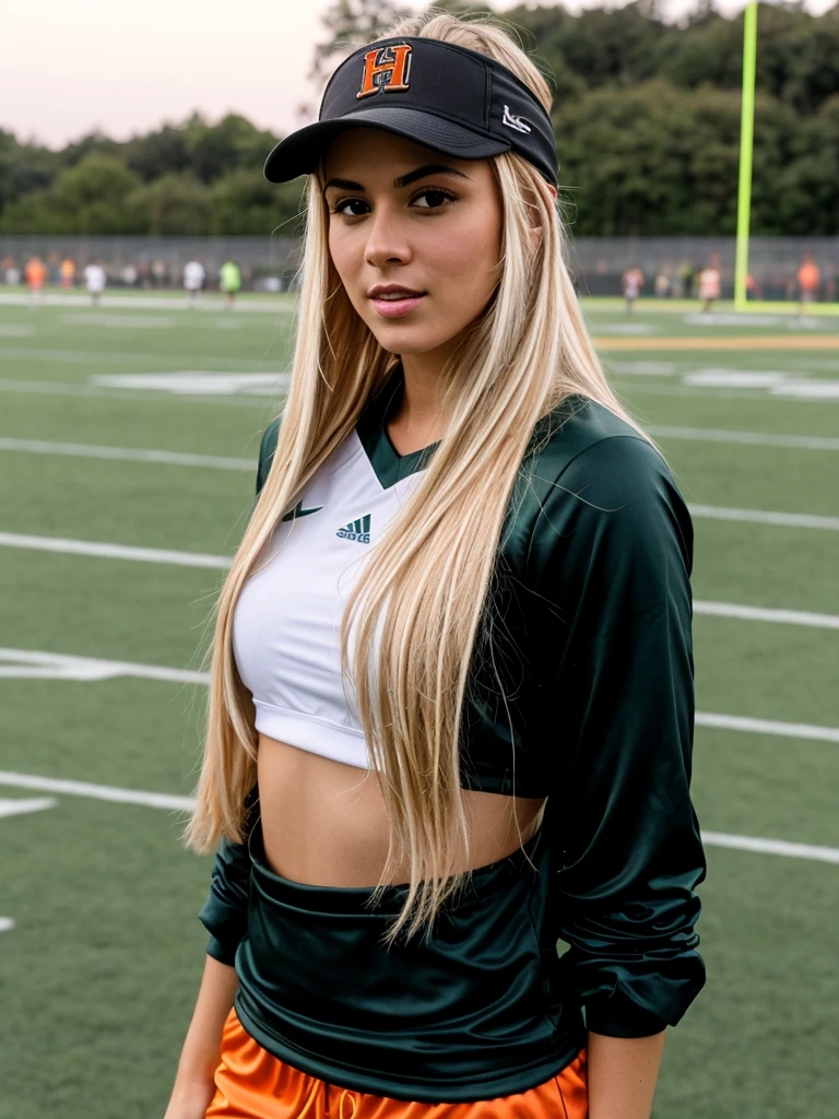 A 23-year-old blonde woman, ((pechos grandes)), ((hiperrealismo)), blonde hair with light brown roots, cabello rubio, cabello extra largo, cabello muy largo, really long hair, beautiful, front view, show whole body, photo taken with iPhone, dressed in a sporty orange football outfit with a fitted jersey and shorts, posing confidently on an outdoor football field, holding a football helmet in one hand, the green field and stadium lights in the background, highlighting her athletic build and energetic vibe