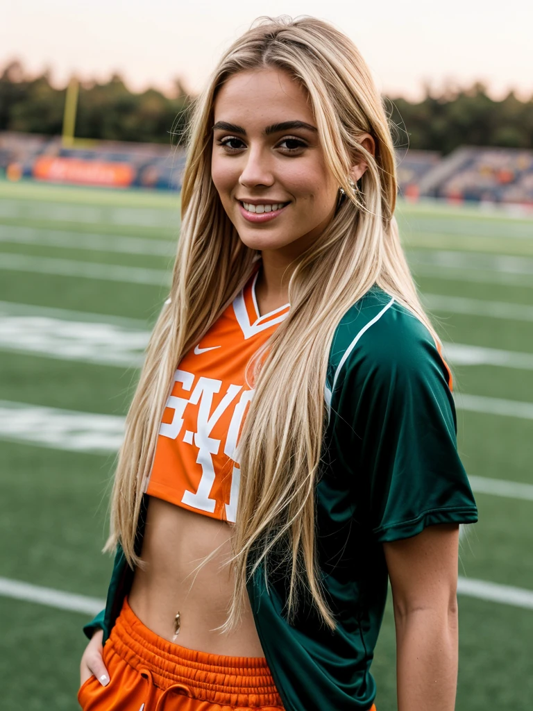 A 23-year-old blonde woman, ((pechos grandes)), ((hiperrealismo)), blonde hair with light brown roots, cabello rubio, cabello extra largo, cabello muy largo, really long hair, beautiful, front view, show whole body, photo taken with iPhone, dressed in a sporty orange football outfit with a fitted jersey and shorts, posing confidently on an outdoor football field, holding a football helmet in one hand, the green field and stadium lights in the background, highlighting her athletic build and energetic vibe