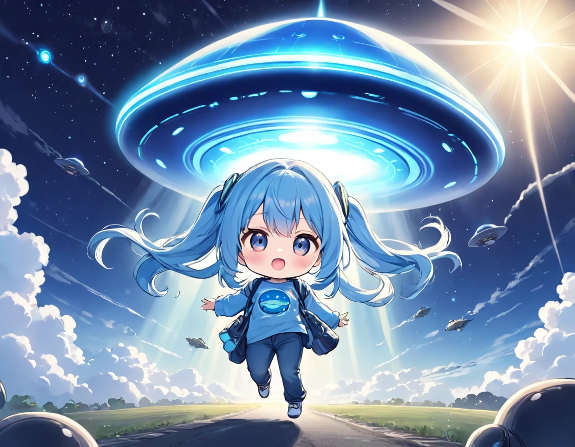 Light blue long hair、Twin-tailed Chibi Character、T-shirt and jeans、Dark Eyes、Scary face、A large unidentified flying object (UFO) is flying、Chibi characters with aliens、A shining light from the UFO、blue sky、White cloud、Aliens appeared