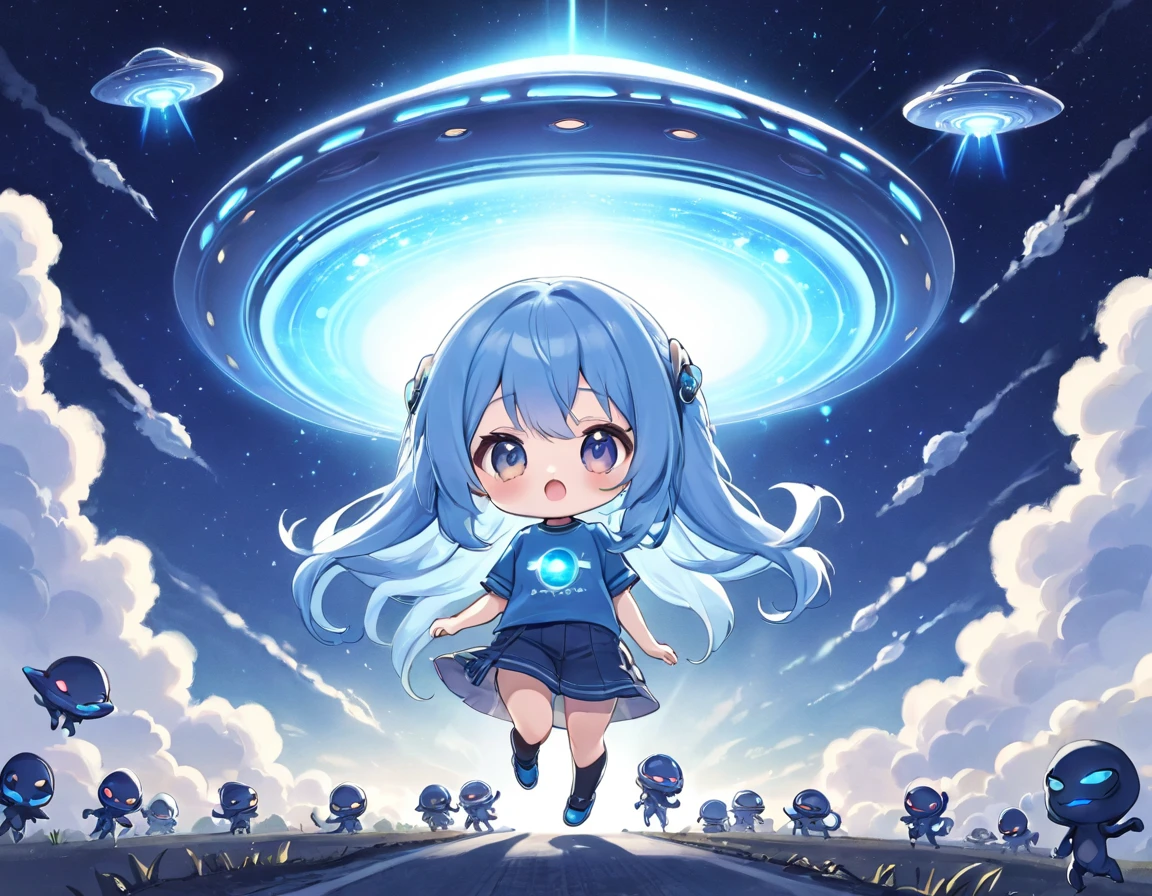 Light blue long hair、Twin-tailed Chibi Character、T-shirt and jeans、Dark Eyes、Scary face、A large unidentified flying object (UFO) is flying、Chibi characters with aliens、A shining light from the UFO、blue sky、White cloud、Aliens appeared