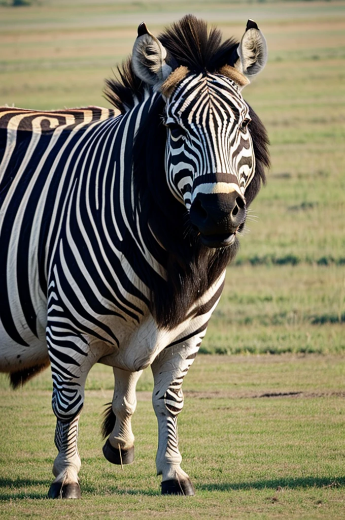 The buffalo has stripes like a zebra standing and eating grass.