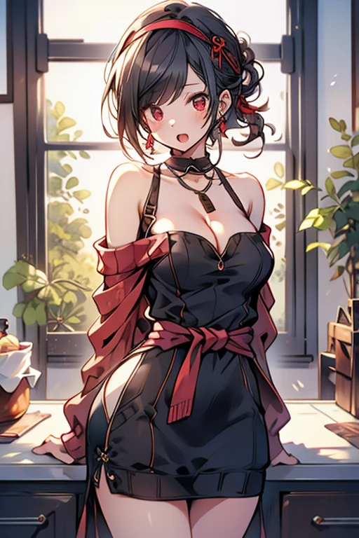 masterpiece, yor, 1girl, Amazing Cleavage:1.3, thin waist, big ass, Raised sexy, medium breast: 1.8 posed cleavage:1.2、solo, looking at viewer, open mouth, have a cup of coffee,black hair, red eyes, dress, bare shoulders, jewelry, collarbone, sidelocks, hairband, earrings, indoors, off shoulder, :o, sweater, arms behind back, plant, short hair with long locks, white hairband, off-shoulder dress, sweater dress, off-shoulder sweater, red sweater, big side hair, very long side hair,is rendered in (masterpiece: 1.2, best quality), with (ultra high resolution) and an exquisite (depth of field). This masterpiece is not only visually stunning but also tells, make of cake cooking ,in the kitchen 