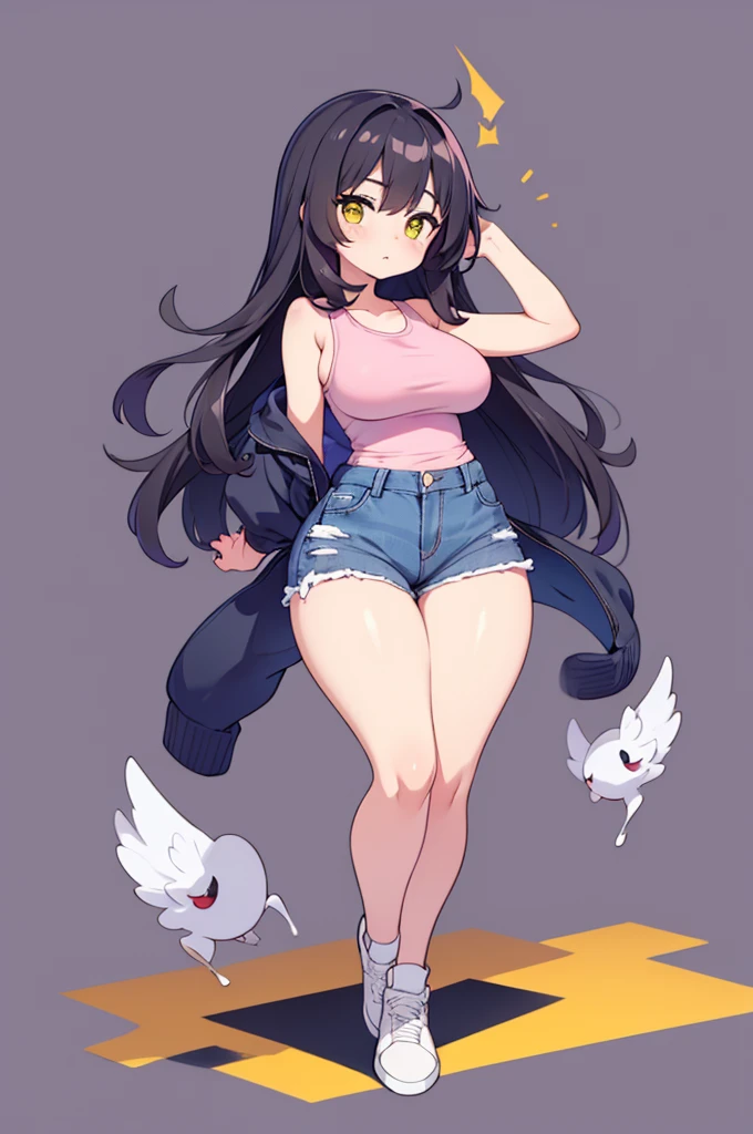 Young anime milf, long wavy black hair, long black hair, yellow eyes, full body, no background, big tits, big breasts, big thighs, big waist, thick legs, thicc legs, small feet, small, short, short sexy body, curvy body, curvous body, curvy legs, voluptous body, tight jeans, tight sleeveless pink tank top, cute