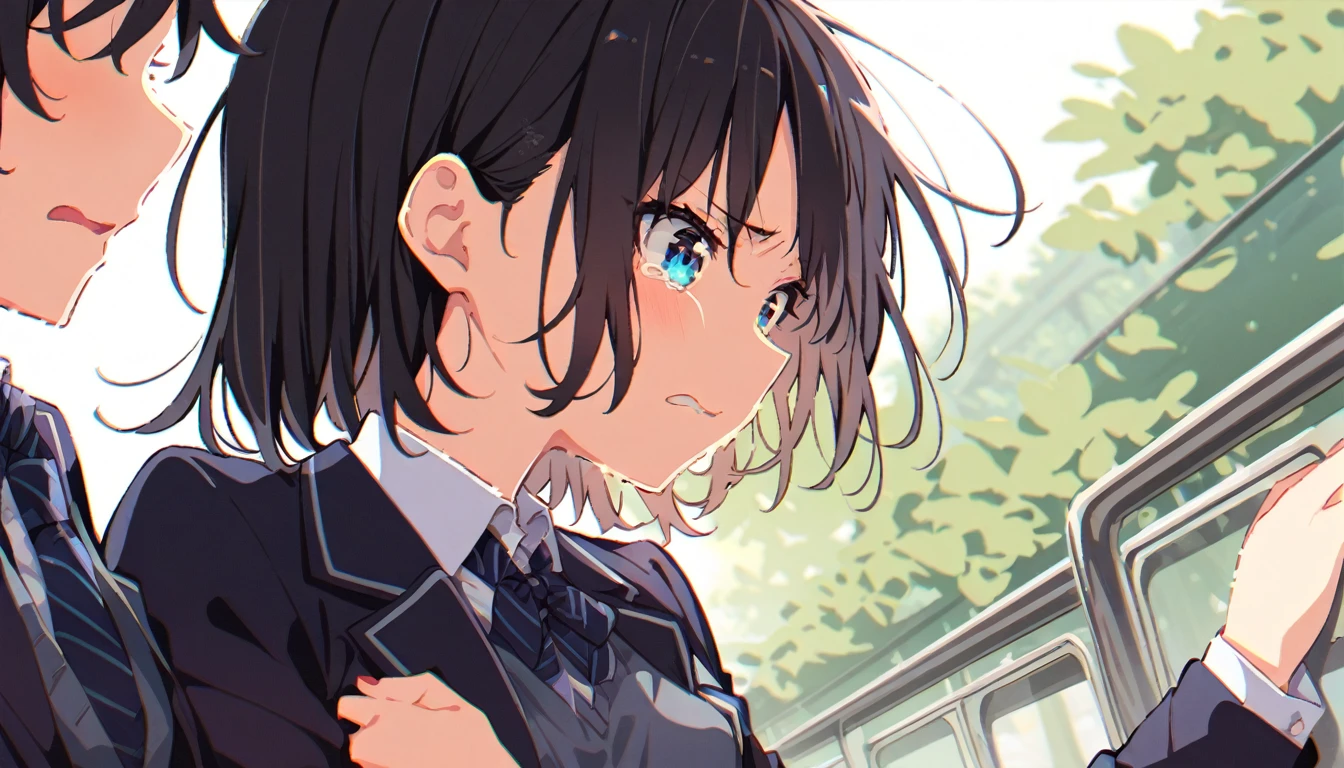 A girl with short black hair and small breasts in a blazer uniform is crying in disgust as a molester gropes her breasts from behind on a train