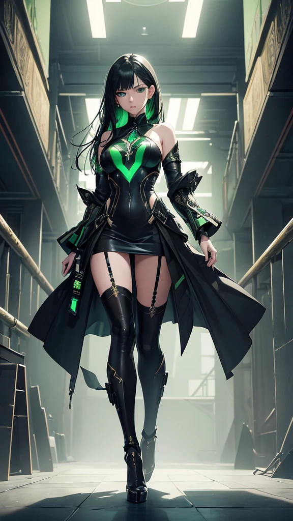 masterpiece, highest quality, (solo focus), (perfect face:1.1), (full body), (high detail:1.1), (hyper-detailed eyes), dramatic, a woman with pale skin and voluminous dark green-black hair, green eyes, solo, two-toned hair, arrogant expression, cybernetic outfit, heels, art by artgerm, cinematic lighting, fashion, BalenciagaStyle