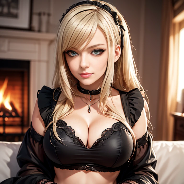 (score_9,score_8_up,score_7_up), source_anime, Gothic blonde Lolita, cleavage, midriff, amber eyes, long hair; sexy, cute, zPDXL2, being bored. 1girl, black chocker