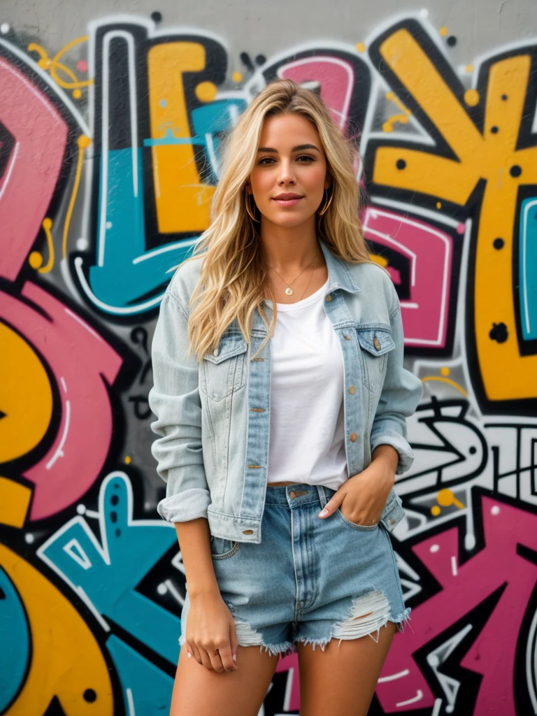 A 23-year-old blonde woman, ((pechos grandes)), ((hiperrealismo)), blonde hair with light brown roots, cabello rubio, cabello extra largo, cabello muy largo, really long hair, beautiful, front view, show whole body, photo taken with iPhone, dressed in a casual chic outfit with a white T-shirt, denim jacket, and black skinny jeans, standing in front of a graffiti-covered wall in an urban alleyway, holding a cup of coffee, her confident pose and the colorful backdrop creating a vibrant street style look