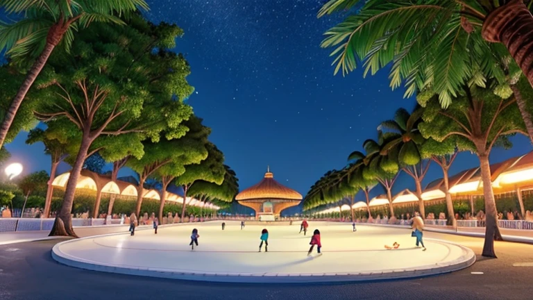inside the park. in a Brazilian city. There are colorful lights hanging from every tree, and an ice skating rink.
