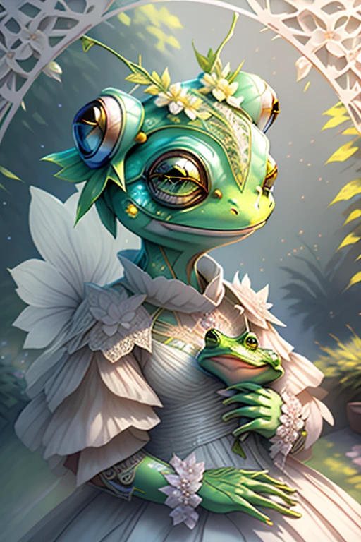 fantchar, an adorable yellow frog creature wearing a white dress and flowers in her hair and drinking coffee in a lush garden, humanoid, artistic, intricate, Very detailed