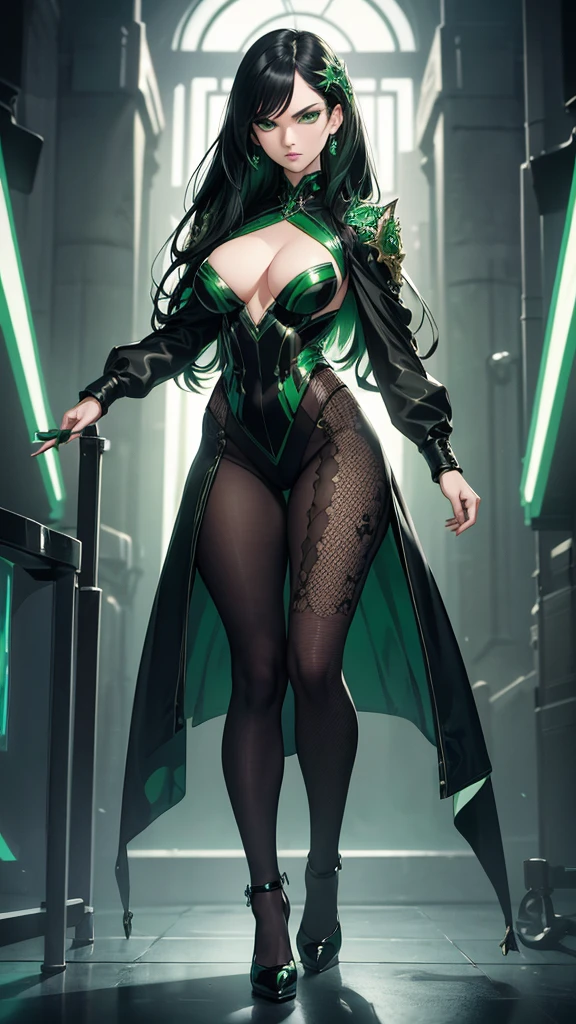 masterpiece, highest quality, (solo focus), (perfect face:1.1), (full body), (high detail:1.1), (hyper-detailed eyes), dramatic, a woman with pale skin and voluminous dark green-black hair, green eyes, solo, two-toned hair, arrogant expression, cybernetic outfit, heels, art by artgerm, cinematic lighting, fashion, BalenciagaStyle