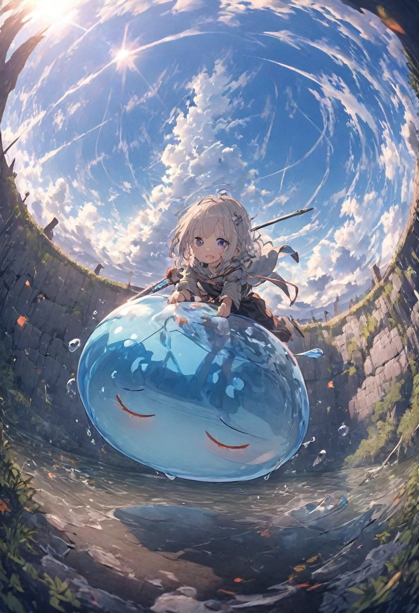A small swordsman riding a blue slime, Dungeons、Clear blue sky、adventure、Fisheye Lens、SLR、I feel the depth