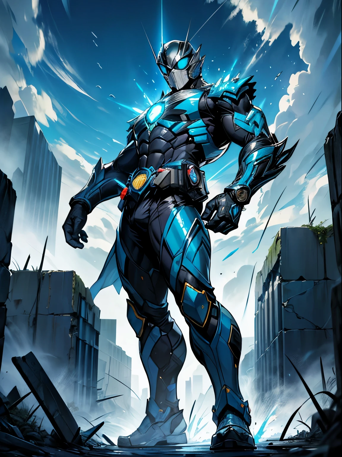 (Masterpiece, best picture quality),1boy, Kamen Rider, Blue and White Color Matching, (dynamic pose | element surround:1.2), low angle view, hyper detailed, battle ruins, fierce, shock wave, outdoor, battlefield background, giant towering city