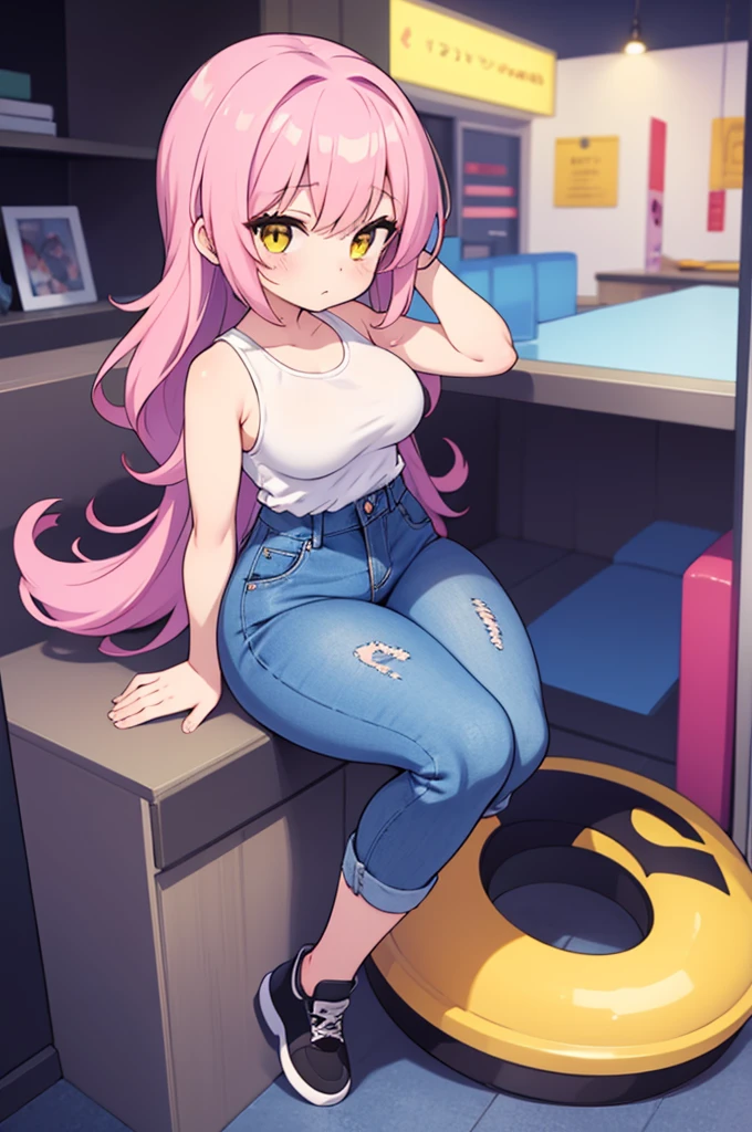 Young anime milf, long wavy black hair, long black hair, yellow eyes, full body, no background, big tits, big breasts, big thighs, big waist, thick legs, thicc legs, small feet, small, short, short sexy body, curvy body, curvous body, curvy legs, voluptous body, tight jeans, tight sleeveless pink tank top, cute