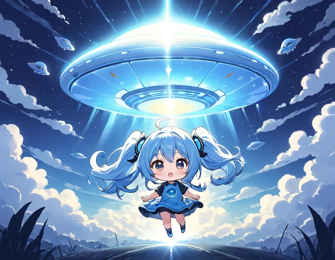 Light blue long hair、Twin-tailed Chibi Character、T-shirt and jeans、Dark Eyes、Scary face、A large unidentified flying object (UFO) is flying、Chibi characters with aliens、A shining light from the UFO、blue sky、White cloud、Aliens appeared