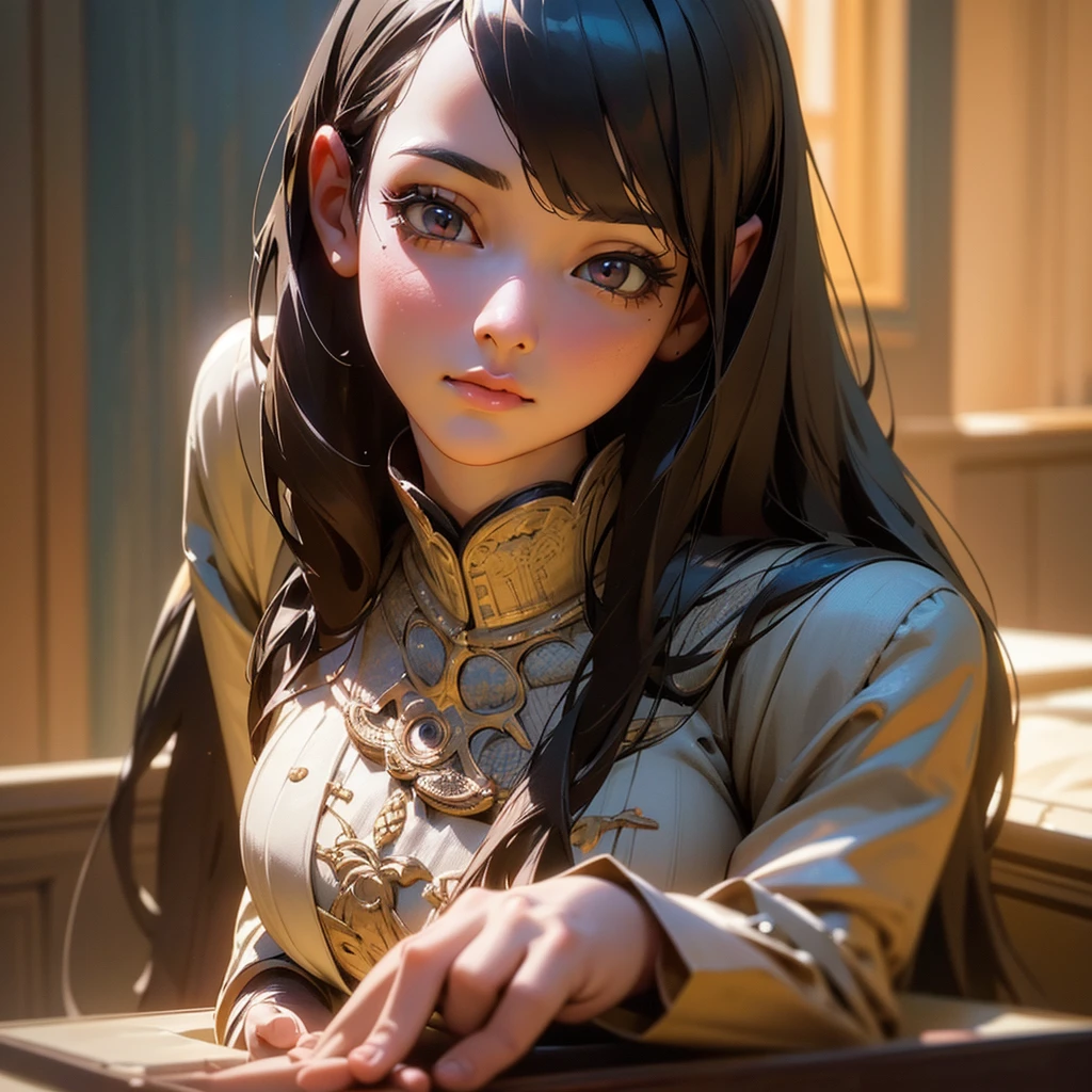 a black-haired long-haired woman making a girl plastic model kit, extremely detailed face and figure, beautiful detailed eyes, beautiful detailed lips, 1girl, high quality 3d render, intricate details, photo realistic, artist rendering, detailed craftsmanship, warm lighting, soft colors, natural lighting, concentration expression